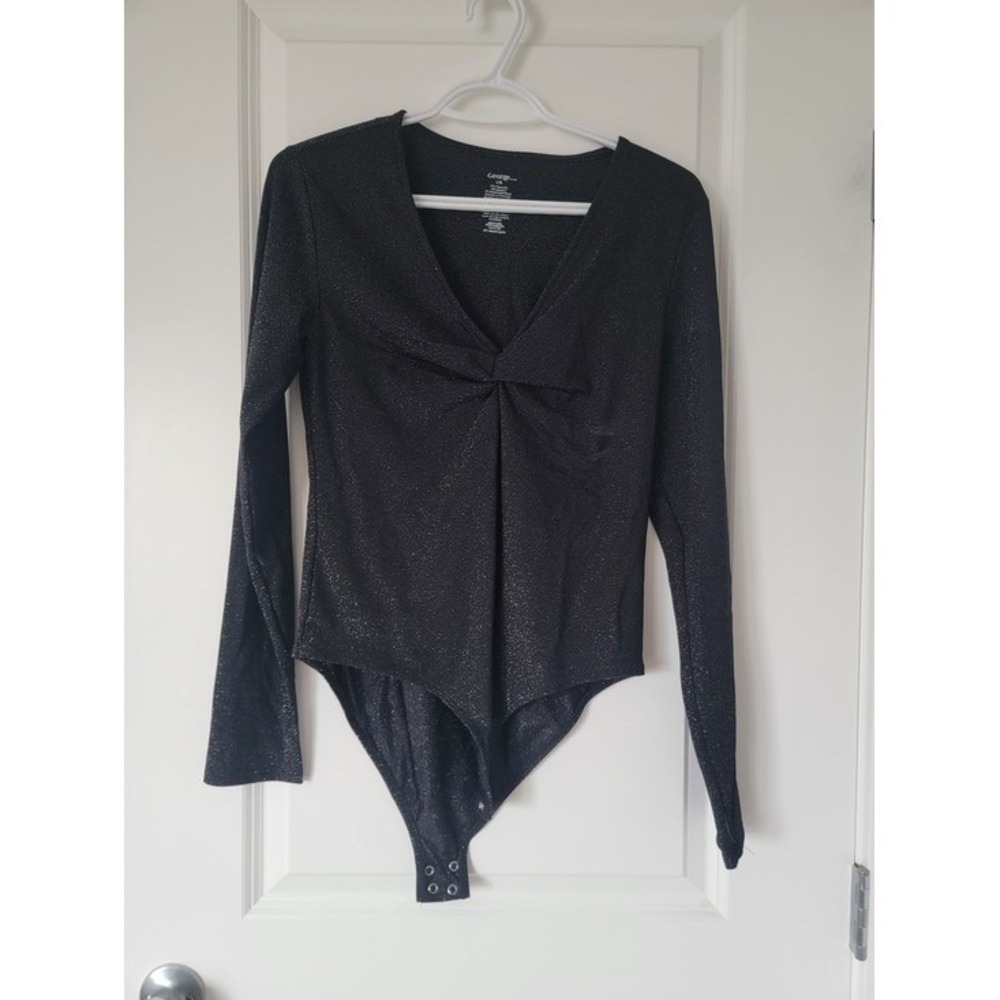 George Black Mesh W/ Silver Sparkle Long-Sleeve V-Neck Bodysuit with Twist Front